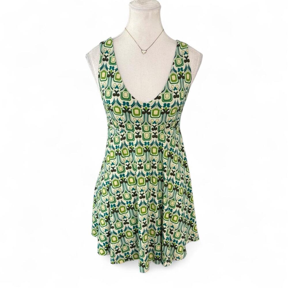 American Rag green and white geometric patterned mini dress black accent size XS